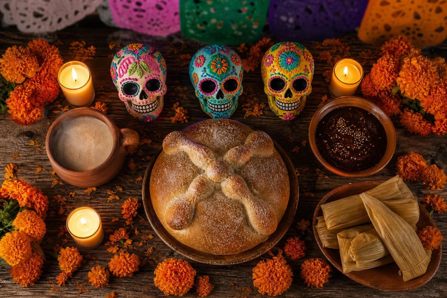 Wooden ofrenda altar with round Pan de Muerto bread topped with bone shapes, colorful sugar skulls, marigold flowers, candles, mole, tamales, and a cup of atole.