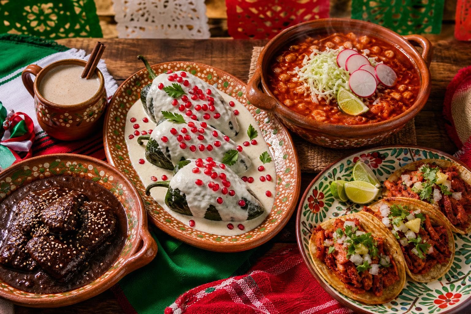 Platter of chiles en nogada with green poblano peppers, white walnut sauce, and red pomegranate seeds, beside bowls of red pozole, tacos, mole, and atole.