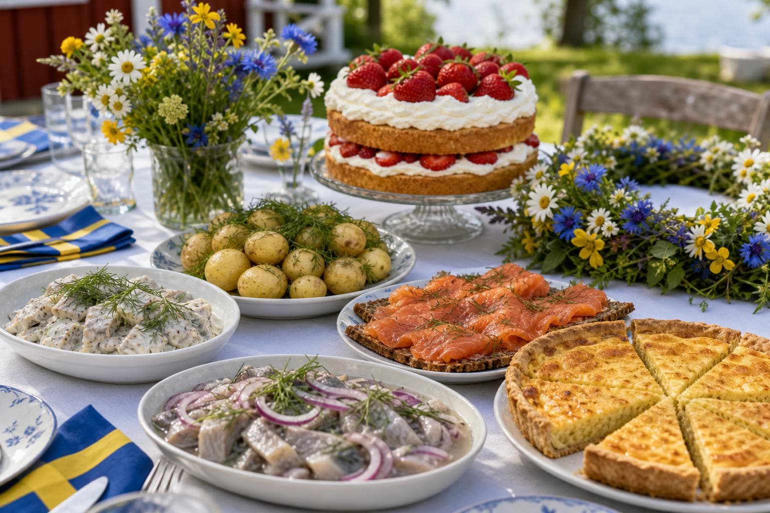 Swedish Midsummer cold table with pickled herring in dill mustard cream, new potatoes with dill, gravad lax, golden Västerbottenpaj cheese pie, and a strawberry layer cake.