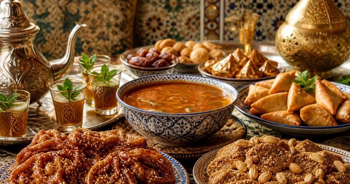 Patterned bowl of soup centered among mint tea glasses, a silver teapot, dates, triangular pastries, sesame sweets, and cookies on plates.