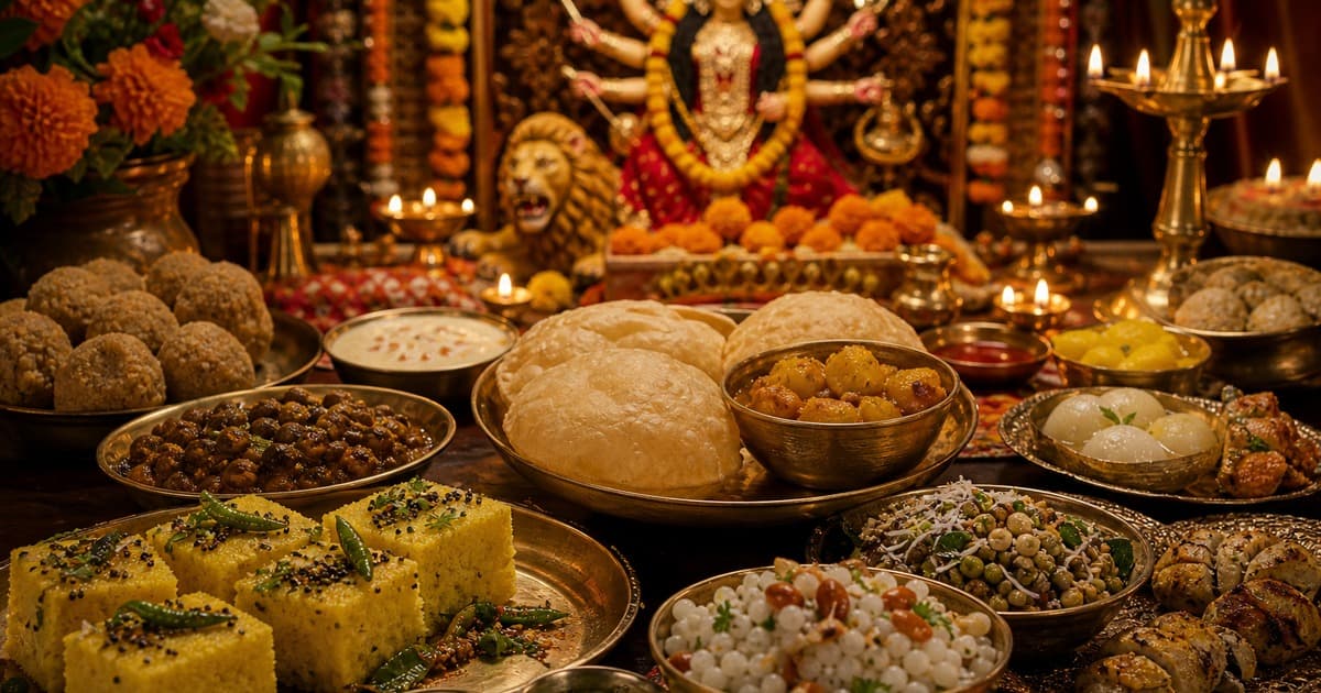 Platters of puris, laddus, sweets, savory snacks, and bowls of chickpeas and potatoes are arranged before a deity statue, lamps, flowers, and brass vessels.