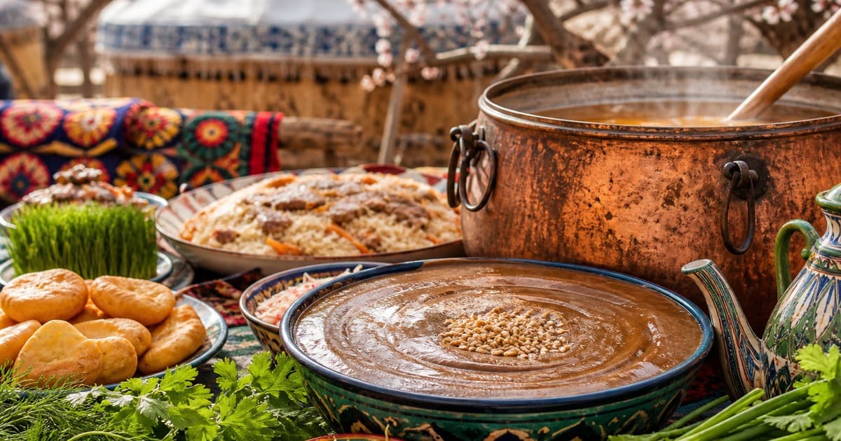 A copper pot with a wooden paddle sits behind a bowl of brown wheat paste, with sprouted wheat, round breads, herbs, a teapot, and a rice platter around it.