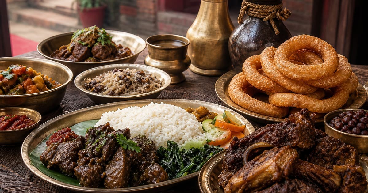 Large plates of white rice, dark meat pieces, greens, sliced vegetables, beans, and ring-shaped sweets, with brass cups and a clay pot behind.