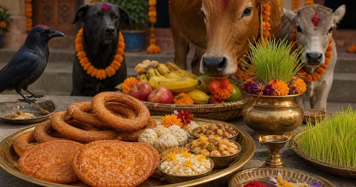 Brass tray with ring sweets, flat breads, rice, marigolds, and small round sweets in front of bananas, apples, oil lamp, brass pot, and green grass trays.