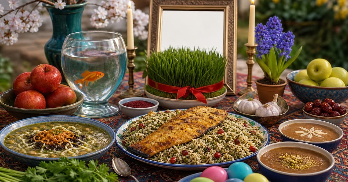 Nowruz table with sabzeh tied in red, goldfish bowl, candles, hyacinths, apples, garlic, dates, colored eggs, and grilled fish on herbed rice.