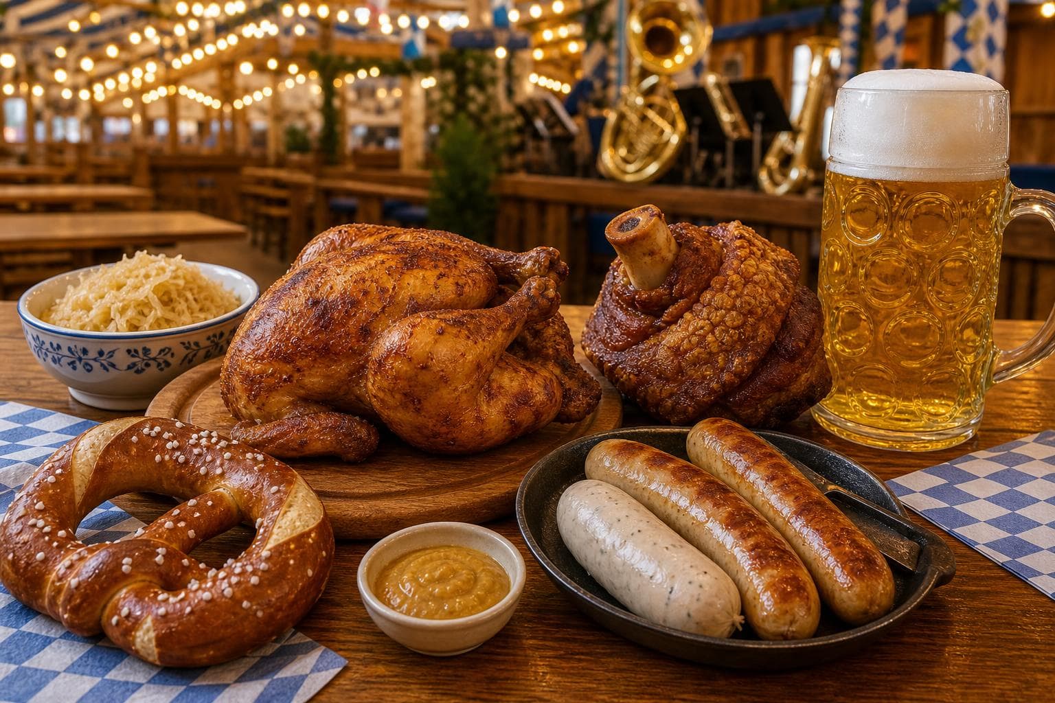 Bavarian Oktoberfest table with golden roasted Hendl chicken, Schweinshaxe pork knuckle, white sausages, soft Brezn pretzel, and a tall liter Maß stein of golden beer.