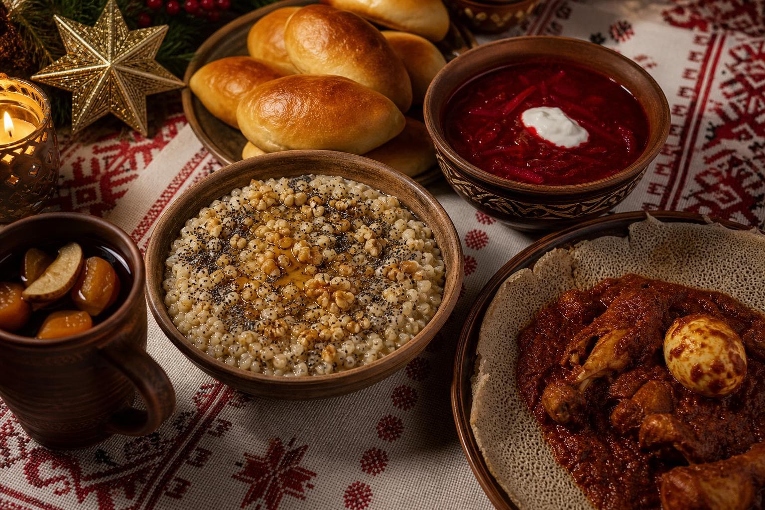 Eastern Orthodox Christmas Eve 12-dish table with Kutia wheat-berry porridge, deep red Borscht, golden Pirozhki, Uzvar dried-fruit compote, and Ethiopian Doro Wat with injera bread.
