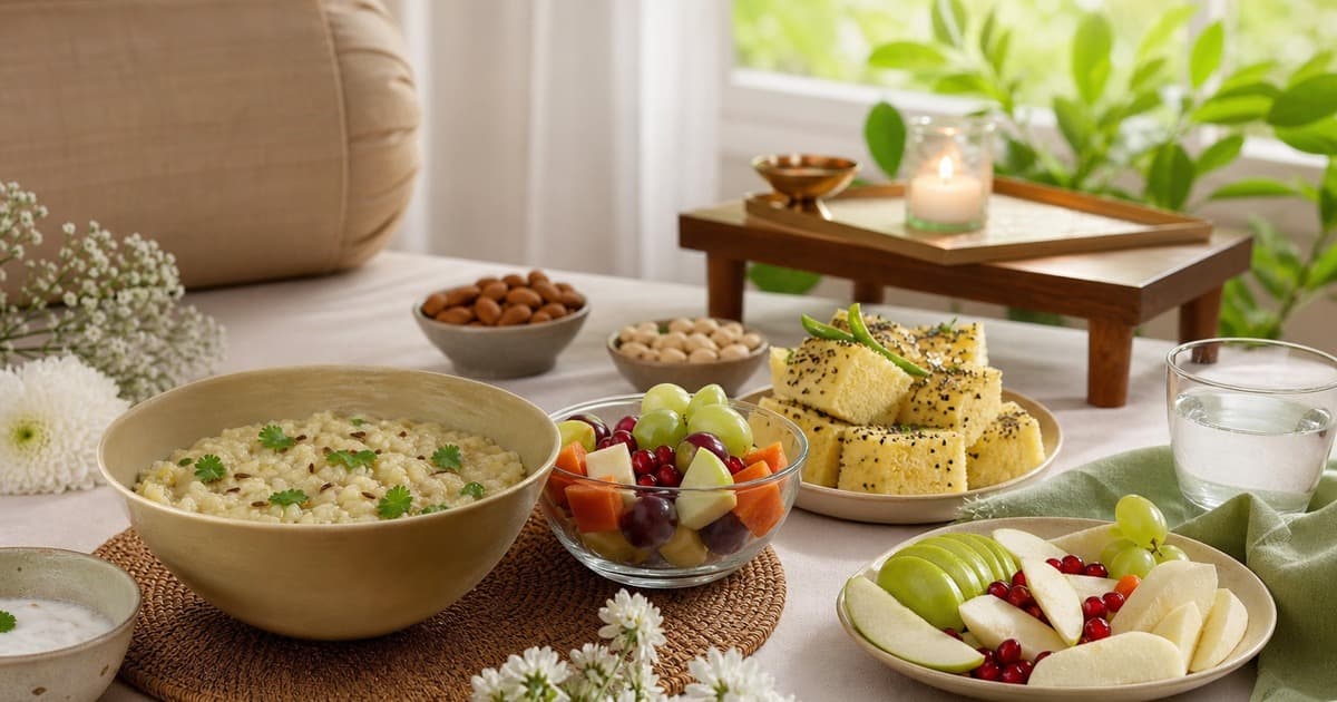 Bowl of khichdi with cumin and cilantro, yellow dhokla cubes with black seeds, grapes, apple slices, pomegranate, nuts, water, candle, and white flowers.