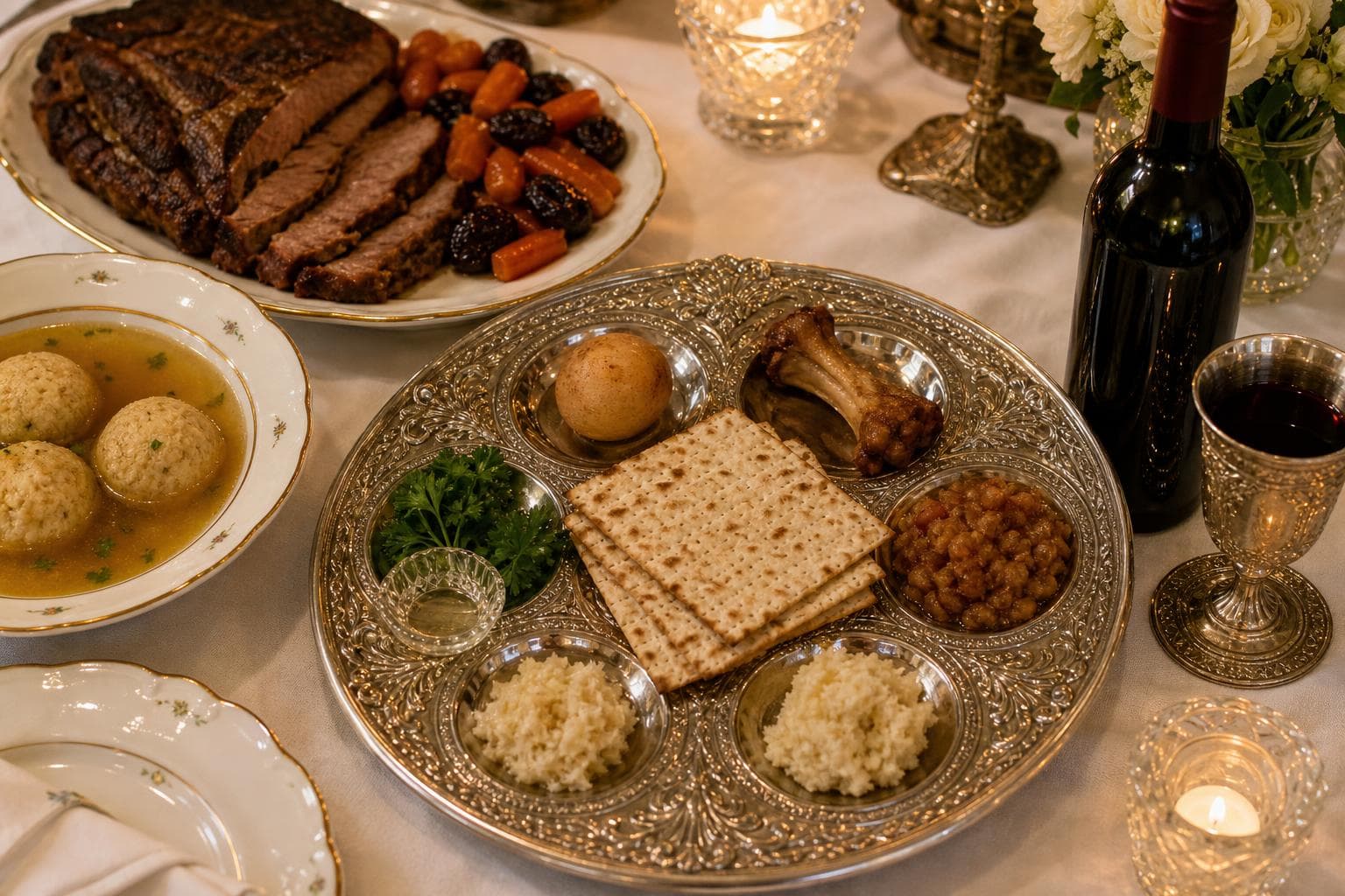 Seder plate with matzah, charoset, maror, karpas, roasted shankbone, and egg, beside a bowl of matzah ball soup, plate of brisket with tzimmes, and Manischewitz wine.