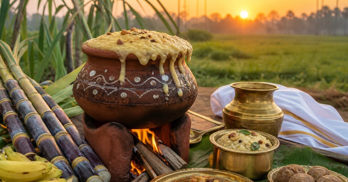Clay pot of foaming rice over a wood fire, sugarcane stalks and bananas at left, brass vessels and sweets on cloth in a field.