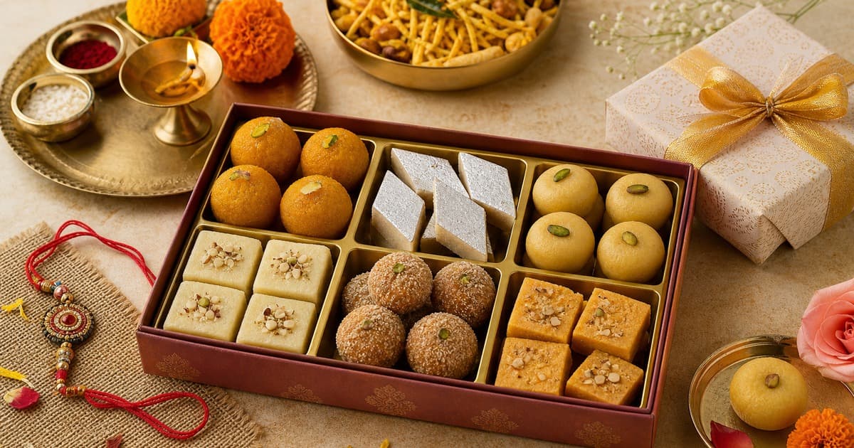 Open sweets box with laddus, barfi, pedas, and square mithai beside rakhi threads, brass bowls, marigolds, snack bowl, wrapped gifts, and rose.