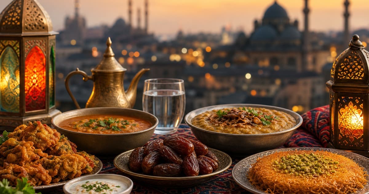 Iftar table with dates, soup, kunafa topped with pistachios, a brass teapot, glowing lanterns, and a sunset mosque skyline.