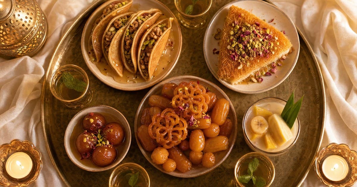 Brass tray with folded pancakes filled with nuts, a slice of pistachio-topped pastry, golden funnel sweets in syrup, gulab jamun, kolak fruit dessert.