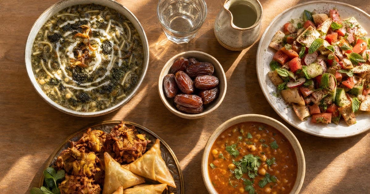 Wooden table with bowls of red lentil soup, green herb noodle soup, a pita salad with sumac, dates, water glass, a small pitcher, samosas and fritters.