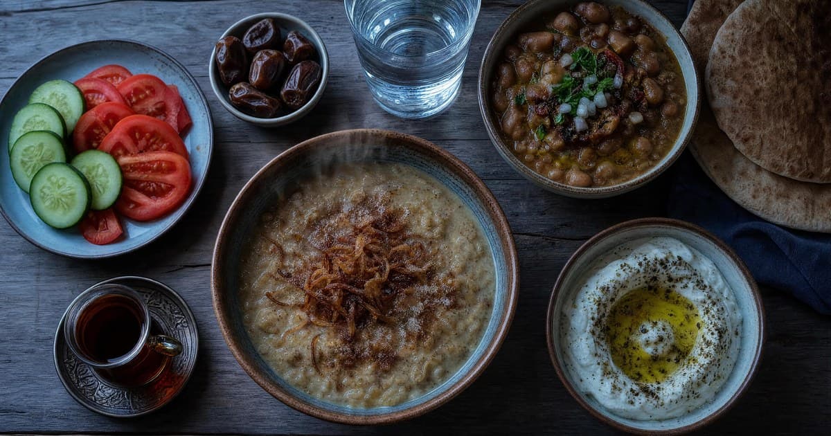 Predawn table with bowls of wheat porridge, fava bean stew, yogurt drizzled with oil, sliced cucumber and tomato, dates, flatbread, water and tea.