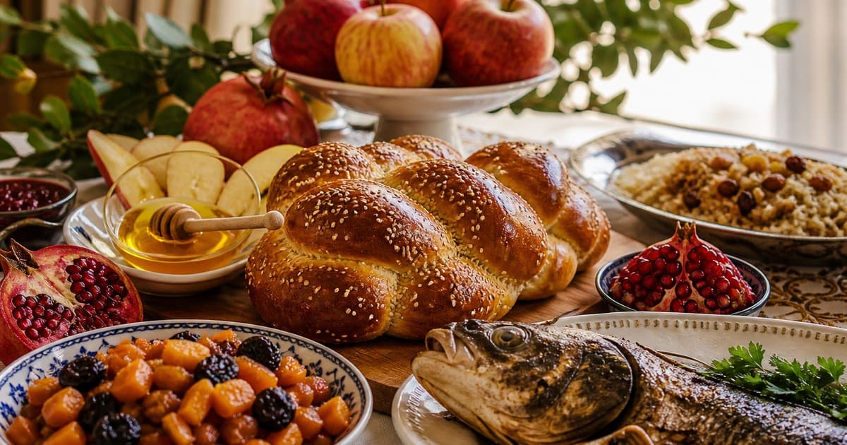 Round sesame challah with sliced apples and honey, pomegranates, red apples, carrot-prune tzimmes, rice with nuts, and a whole fish head with parsley.