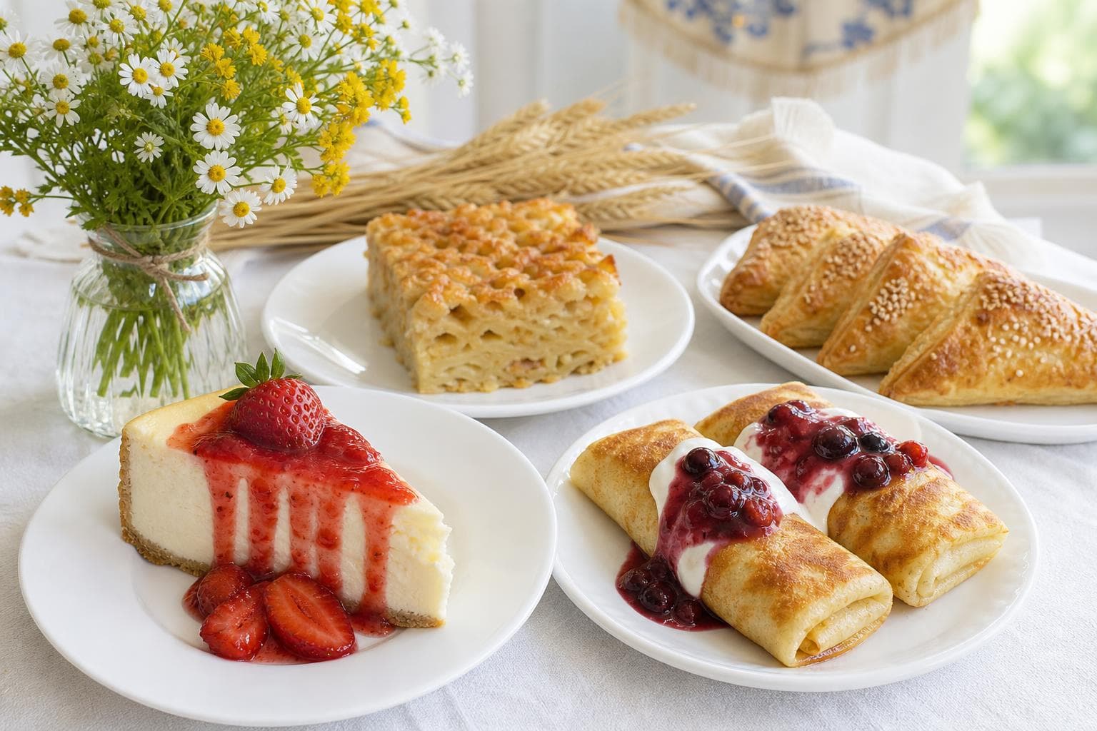 Slice of cheesecake with cheese blintzes topped with sour cream and berry compote, beside golden bourekas with sesame, sweet kugel, and a vase of fresh wildflowers.