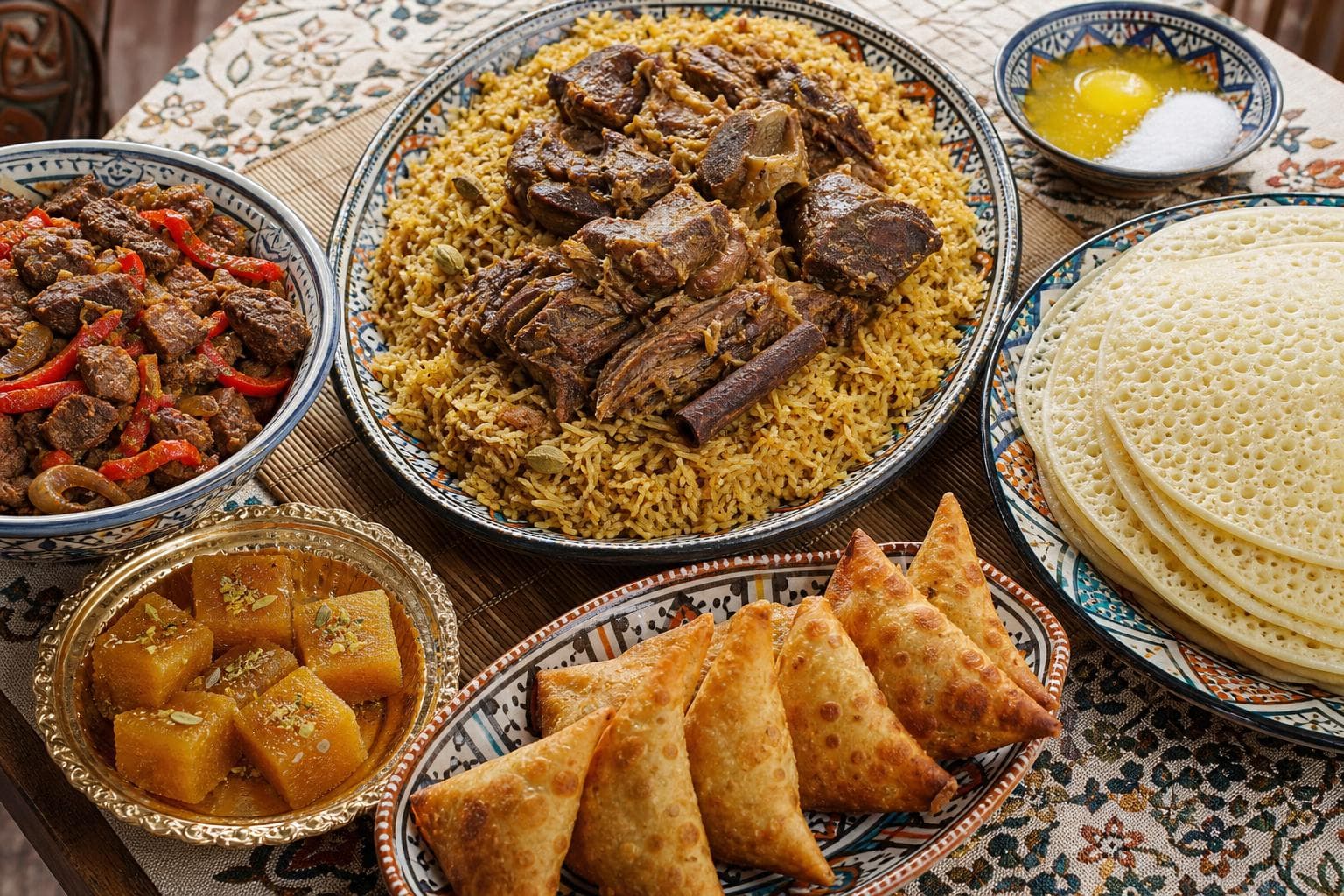 Somali Eid table with aromatic bariis iskukaris rice, suqaar stir-fried beef, soft canjeero pancakes, cardamom-rich xalwo halwa, and crisp spiced sambusa pastries.