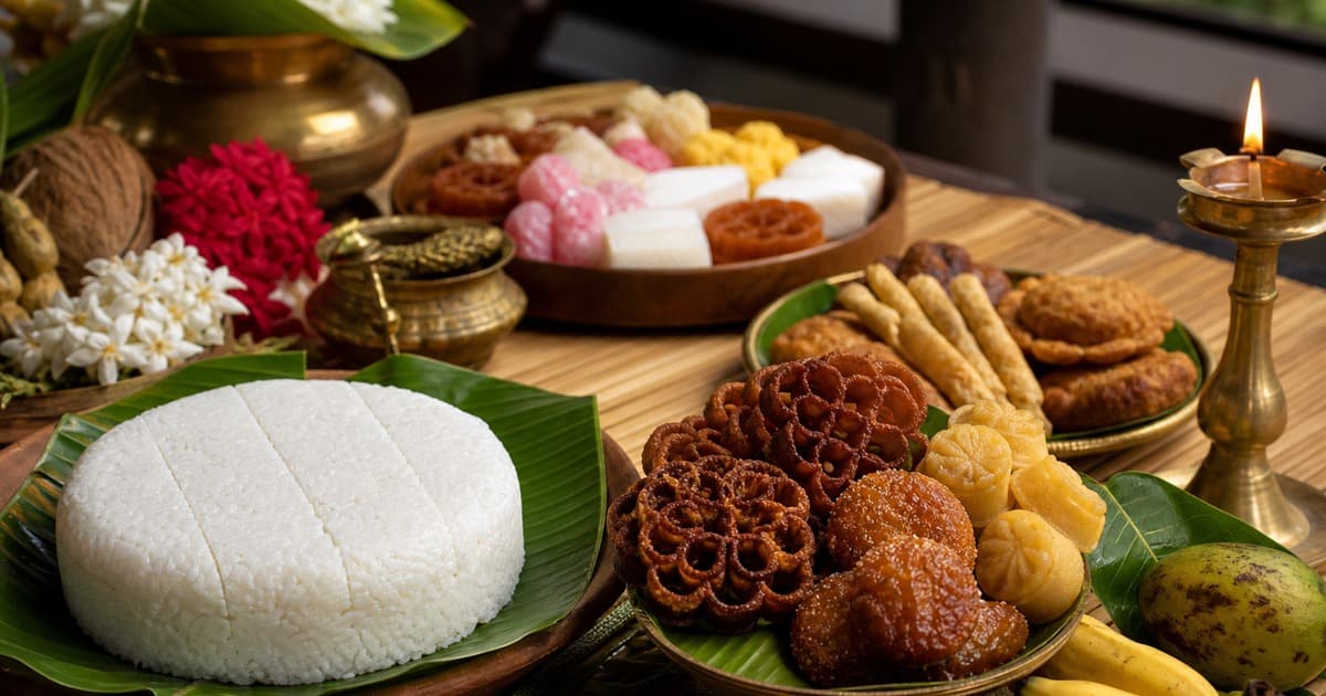 White rice cake on a banana leaf sits beside plates of fried rosette cookies, rolls, bananas, pink sweets, brass vessels, flowers, and a lit oil lamp.