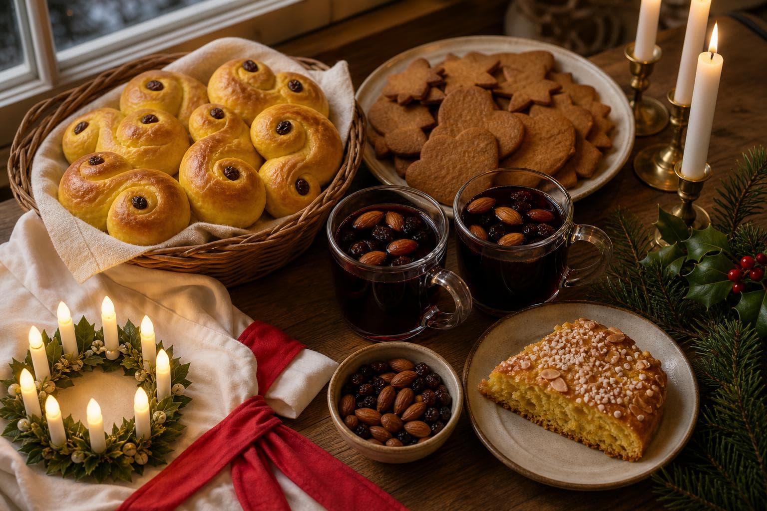 Scandinavian Sankta Lucia table with saffron lussekatter buns in a basket, pepparkakor heart and star biscuits, mugs of glögg with almonds, a candle-lit Lucia crown and tapers.