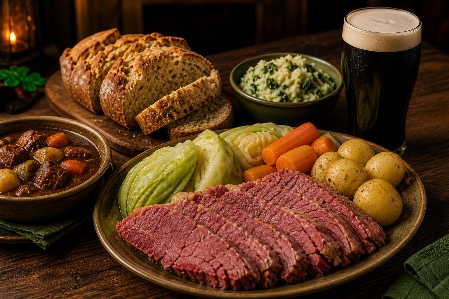 Irish pub plate of corned beef and cabbage with potatoes and carrots, beside a bowl of Irish stew, sliced soda bread, colcannon mashed potatoes, and a pint of Guinness stout.
