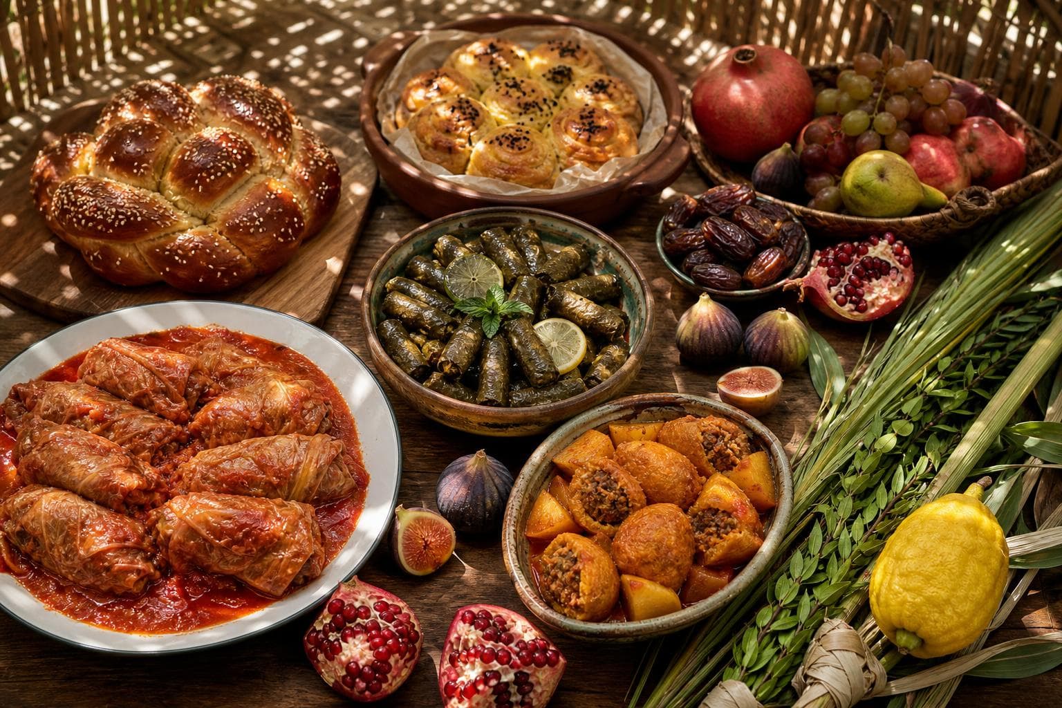 Sukkot feast inside a sukkah booth featuring stuffed cabbage rolls, grape leaves, stuffed peppers, challah, dates, pomegranates, figs, grapes, with lulav and etrog alongside.