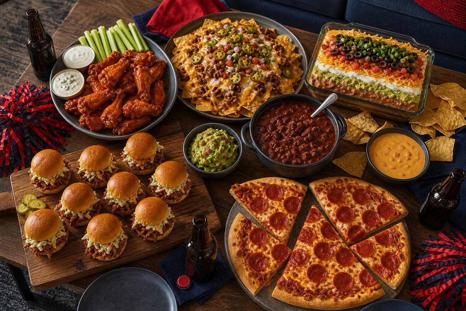 Game day spread on a wood table featuring Buffalo wings with celery, loaded nachos, seven-layer dip, chili, pepperoni pizza, guacamole, and pulled pork sliders with pom-poms.