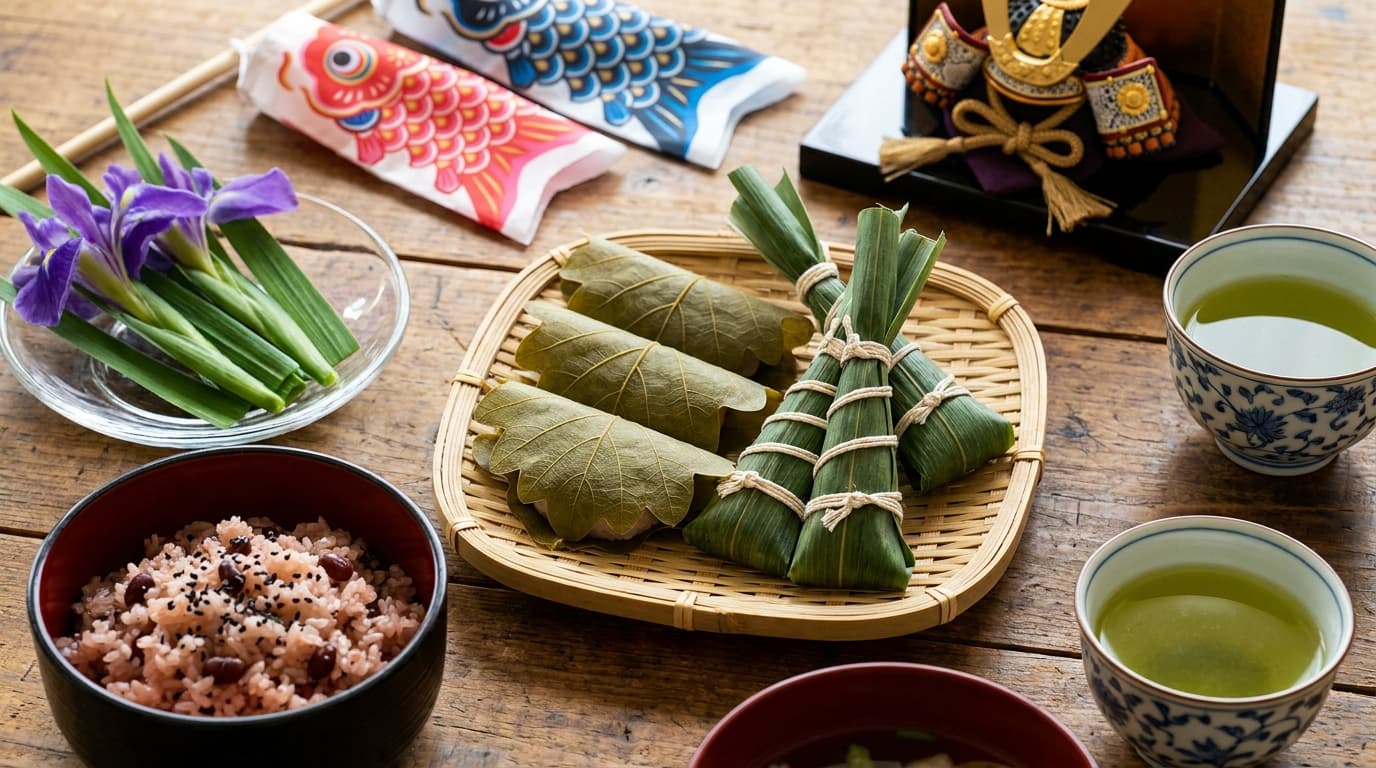 A Japanese Tango no Sekku Children's Day table with oak-leaf-wrapped kashiwa mochi, bamboo-leaf-wrapped chimaki dumplings, a lacquer bowl of sekihan red-bean rice, cut iris leaves for the shōbu-yu bath, with a koinobori carp-windsock display and gogatsu-ningyō samurai helmet in the background.