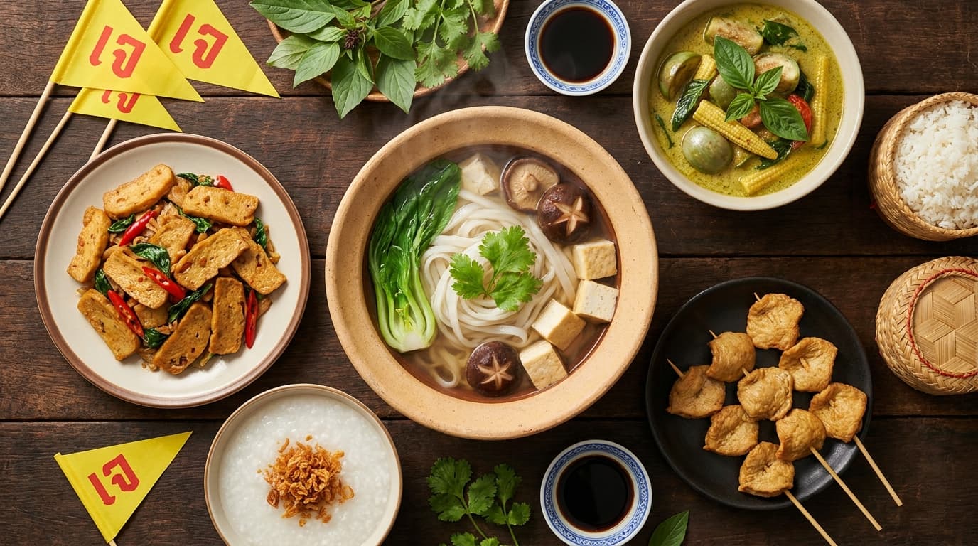 A Thai jay vegetarian festival table with a bowl of clear jay noodle soup, mock-pork stir-fry with gluten 'duck', green vegetarian coconut curry, white rice congee, mock-shellfish skewers, steamed jasmine rice, and small yellow jay-flags marking the strict nine-day Nine Emperor Gods observance.