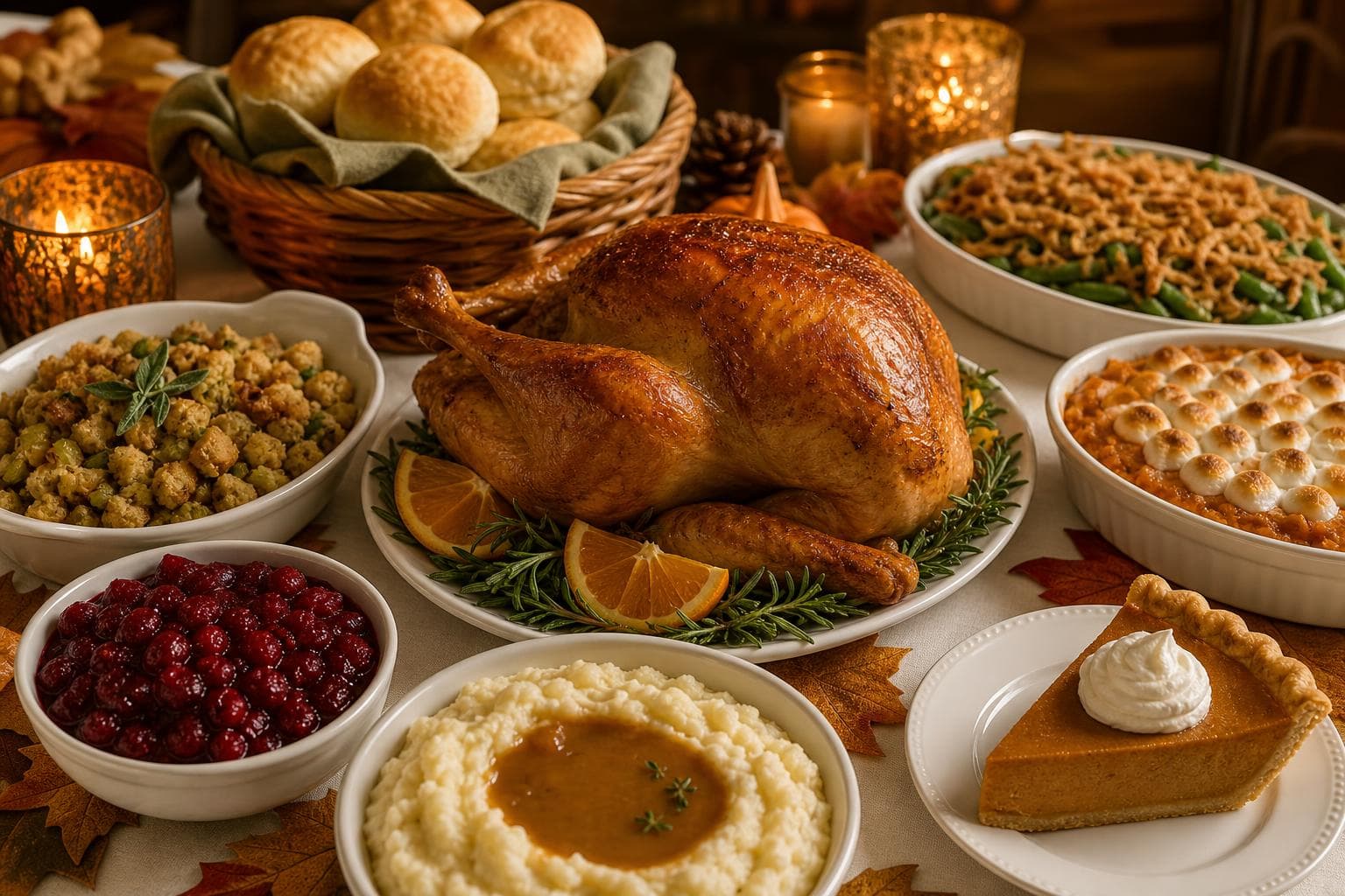 Roast turkey on a platter beside bowls of stuffing, cranberry sauce, mashed potatoes with gravy, sweet potato casserole with marshmallows, green beans, and pumpkin pie.
