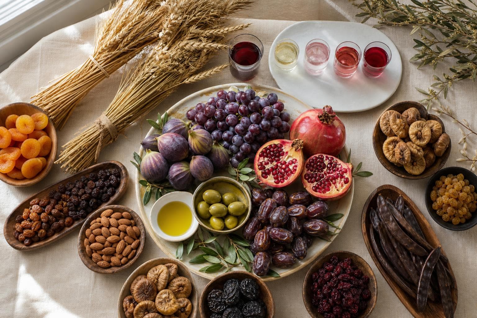 Tu BiShvat seder spread with grapes, figs, pomegranates, dates, olives, olive oil, wheat sheaves, four wine cups, almonds, raisins, apricots, carob, and dried fruits.