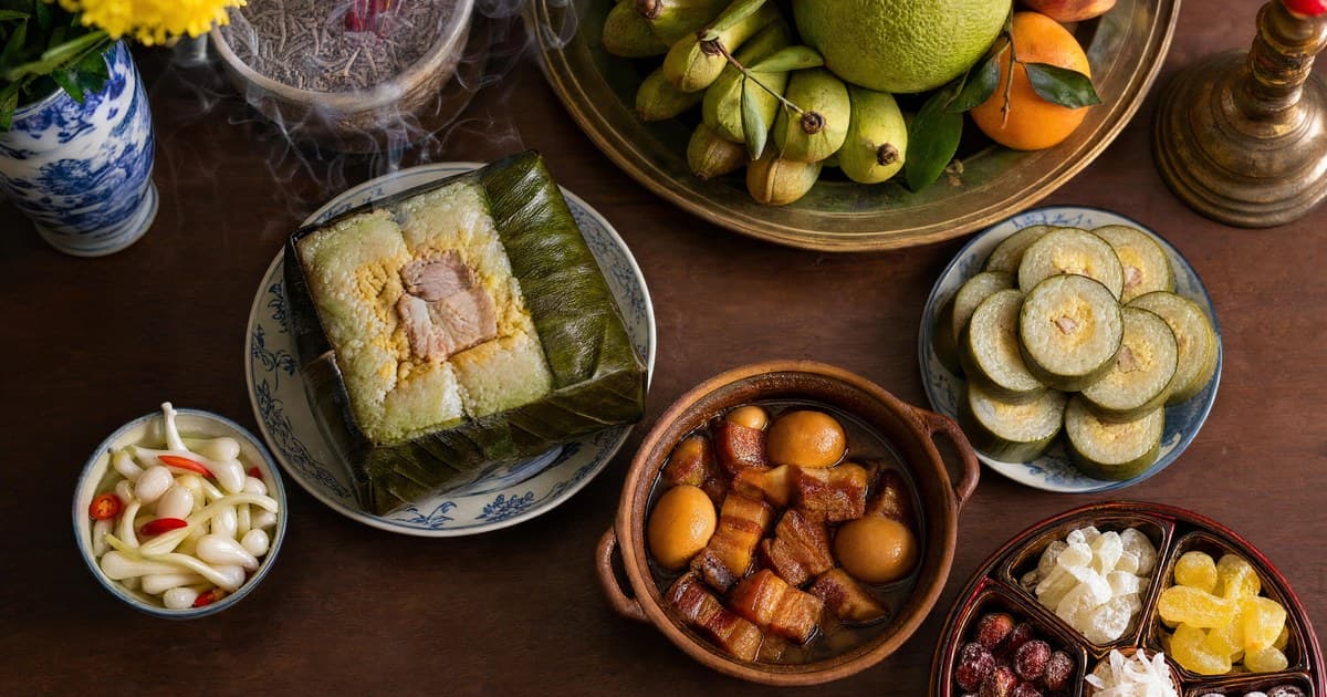 Wooden table with a green-leaf-wrapped square sticky-rice cake, a cylindrical rice cake log, caramelized pork belly with eggs, pickled scallions, candied fruits.