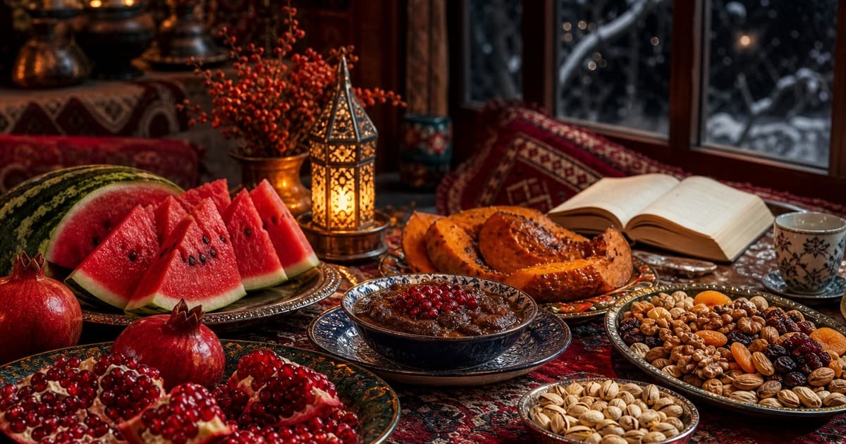 Watermelon slices, pomegranates and seeds, nuts, bread, a lit lantern, and an open book arranged on patterned cloth beside a dark window.