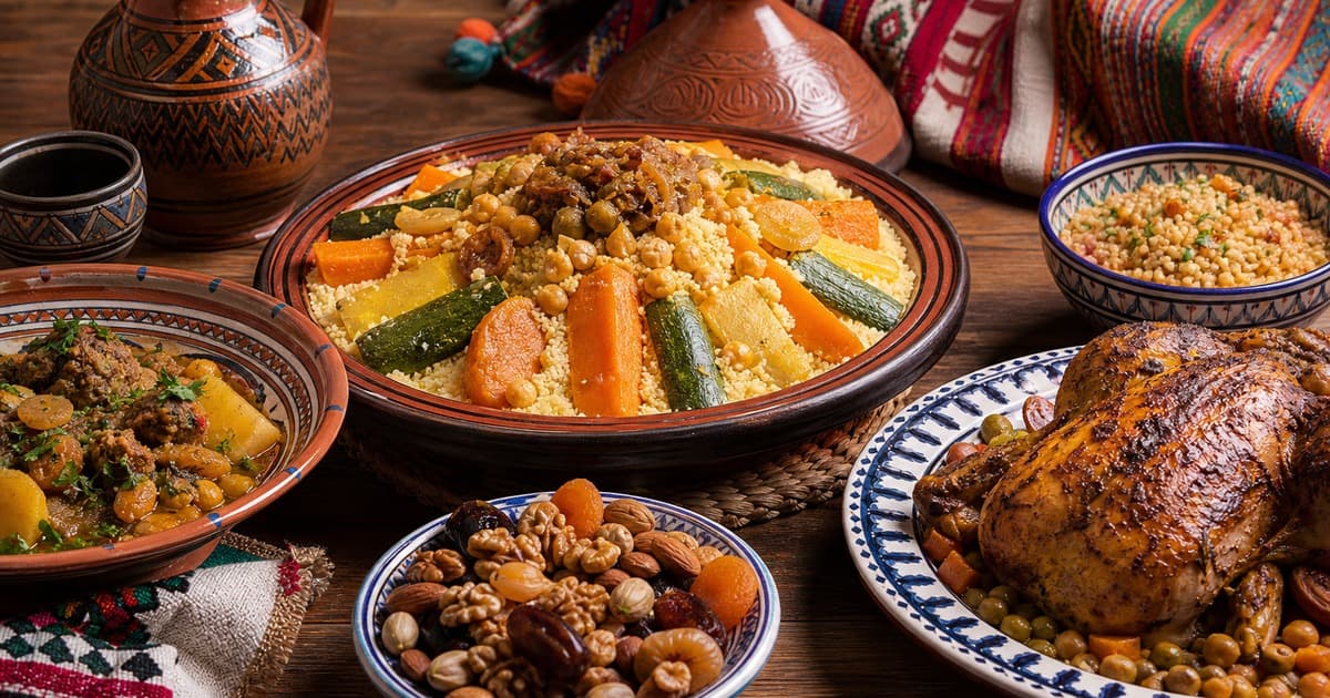 Couscous with carrots and zucchini in a central platter, roast chicken on a blue plate, bowls of stew, nuts, dried fruit, pottery, and woven textiles.