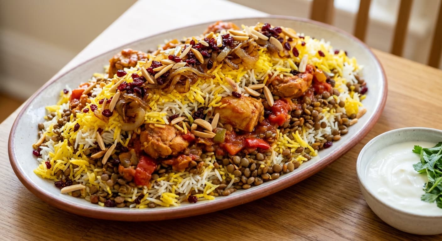 Adas Polo ba Sos-e Morgh — Persian Lentil Rice with Savory Chicken - authentic persian recipe