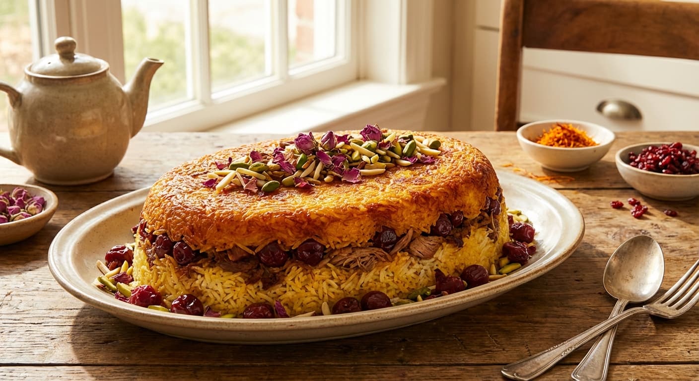 Albaloo Tahchin — Persian Sour Cherry Saffron Rice Cake - authentic persian recipe