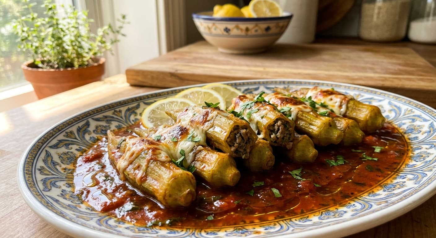 Ardooreh Bamyeh — Persian-Style Stuffed Okra with Spiced Meat and Mozzarella - authentic persian recipe