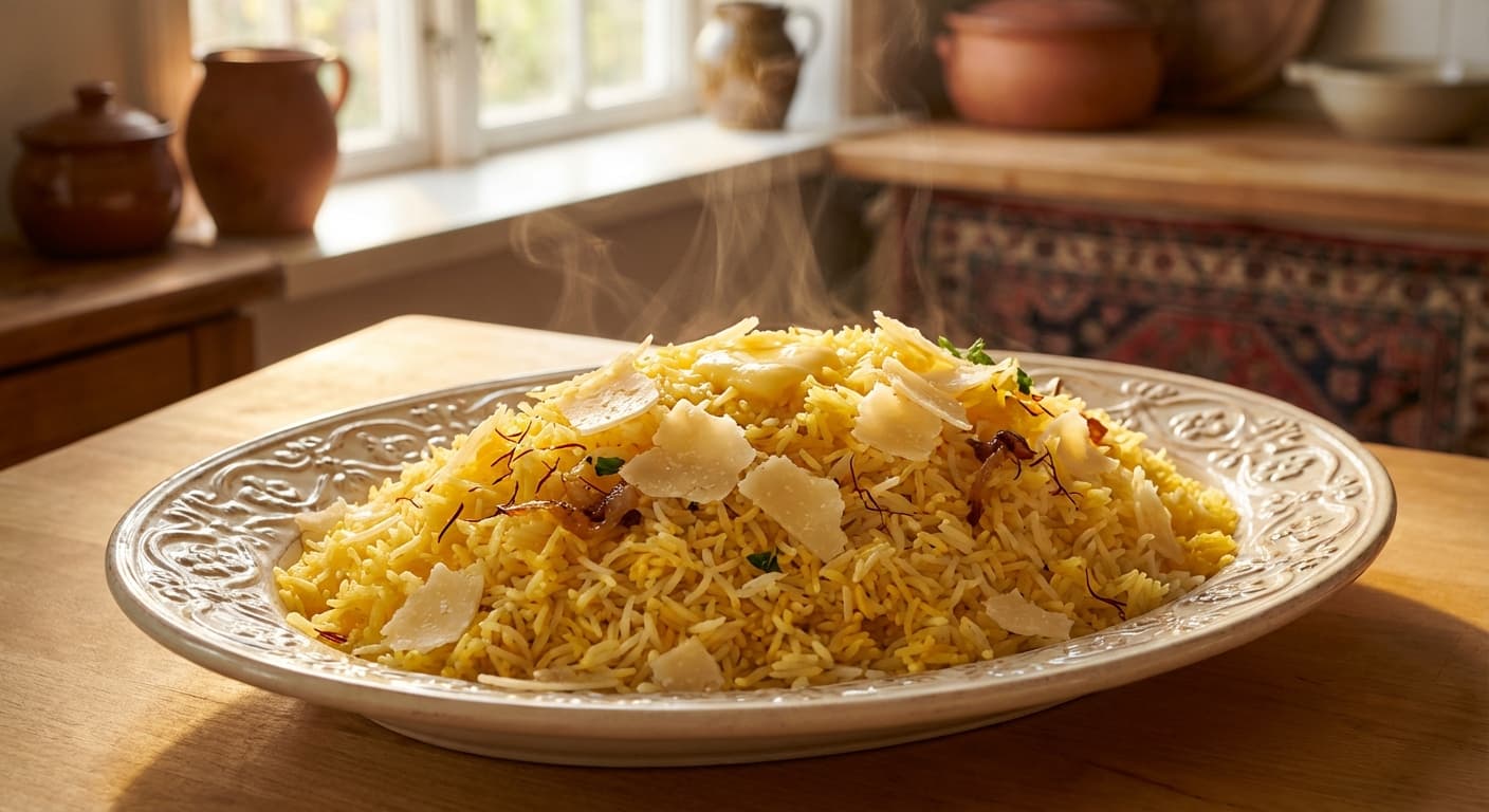 Beranj Rangi ba Panir — Persian Saffron Rice with Cheese - authentic persian recipe