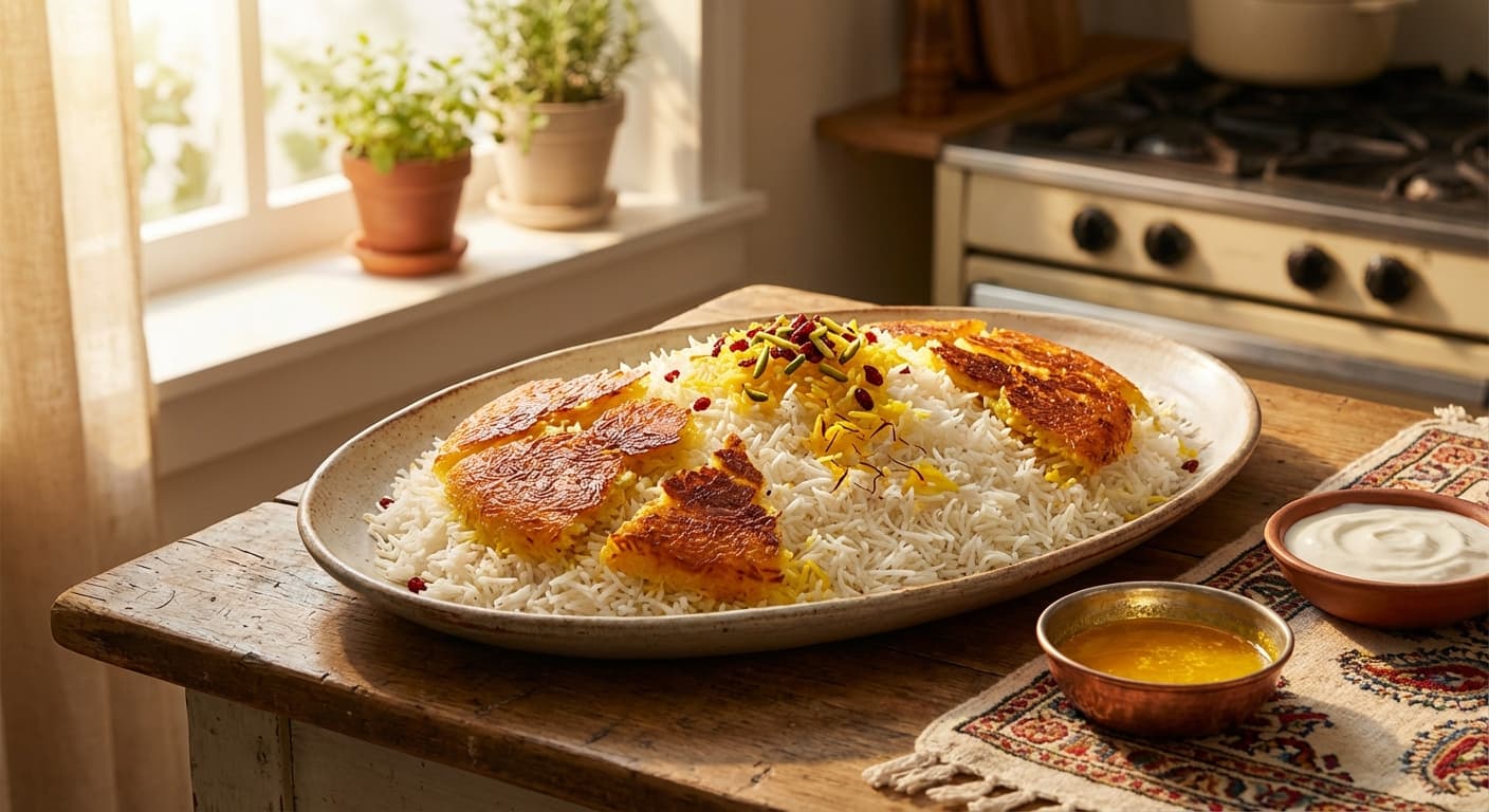 Chelow — Persian Steamed Rice with Golden Saffron Tahdig - authentic persian recipe