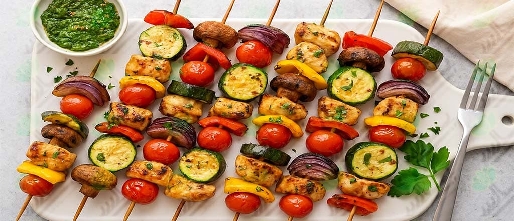 Saffron Yogurt–Marinated Joojeh Kabab with Grilled Vegetables