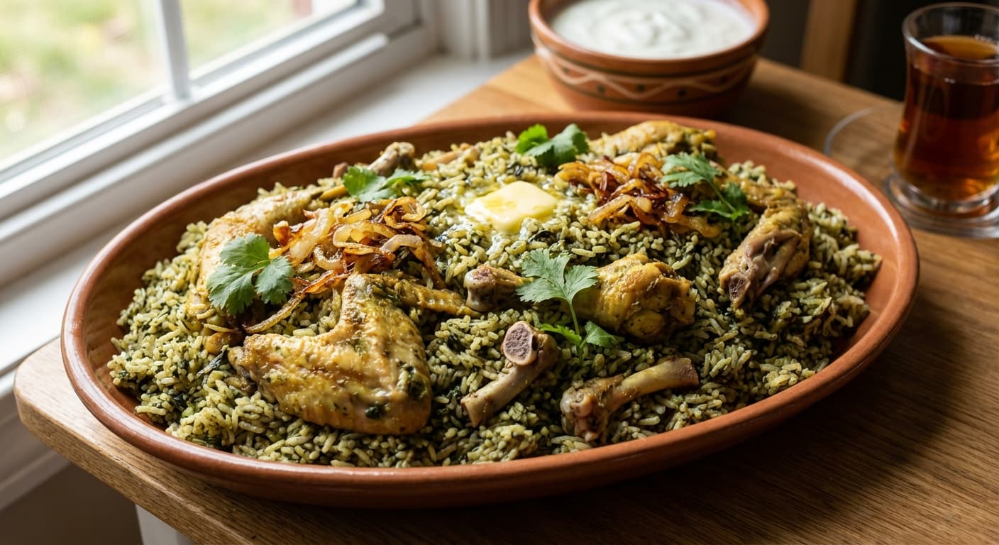 Dami Ghashneez va Esfenaj — Persian Cilantro and Spinach Rice - authentic persian recipe