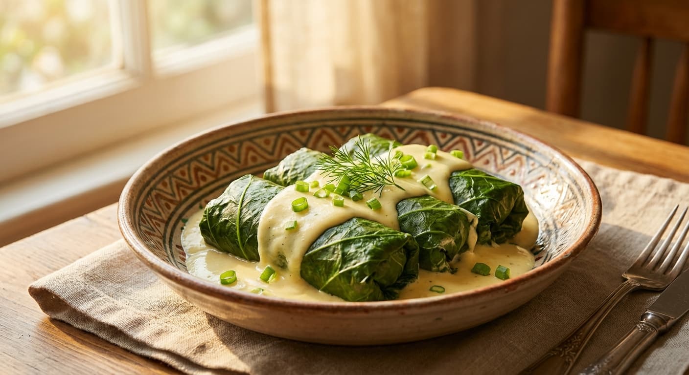 Dolmeh Mahi ba Sos Paneer — Spinach-Wrapped Fish with Creamy Cheese Sauce - authentic persian recipe