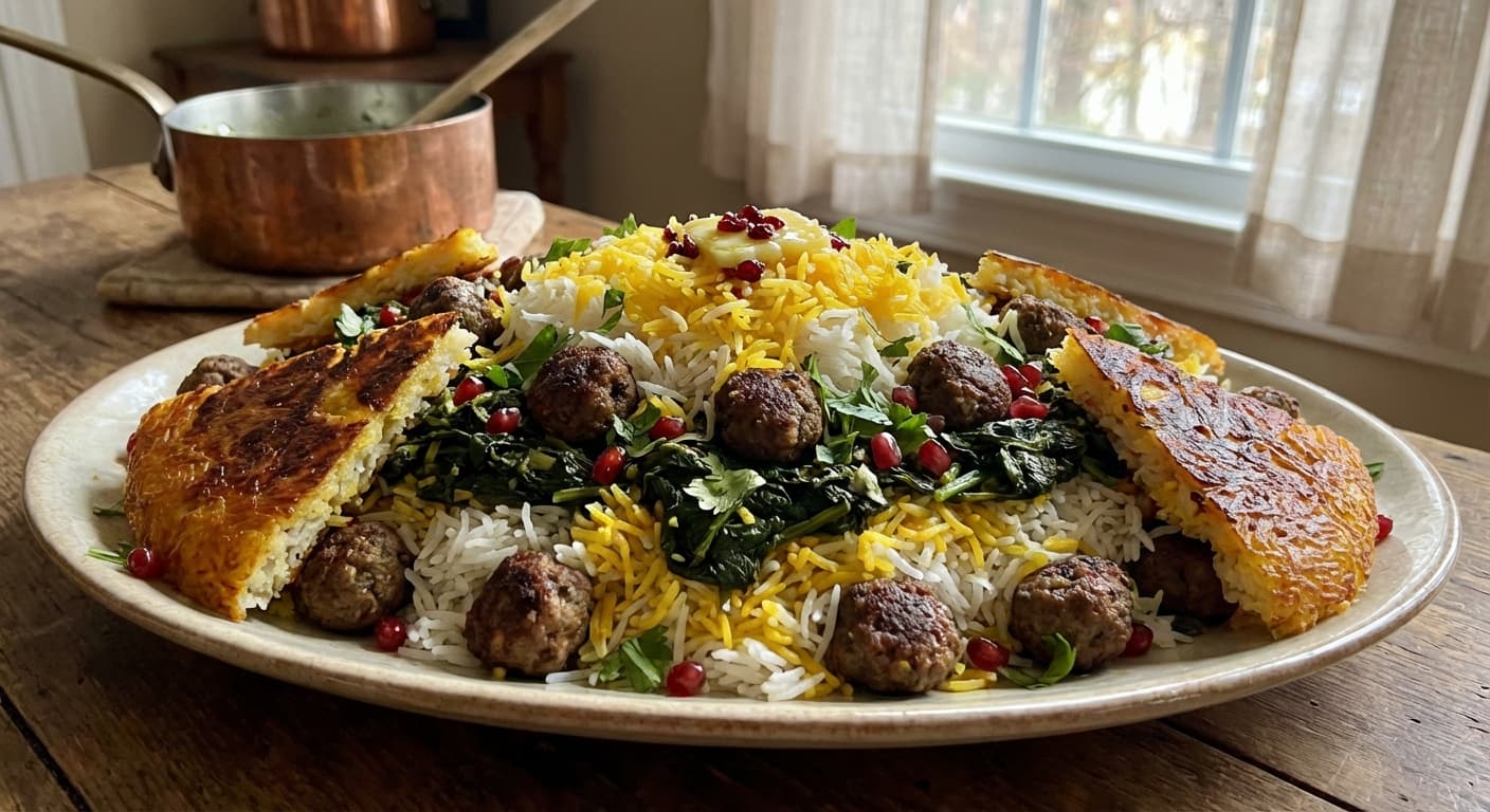 Esfanaj Polo — Persian Spinach Rice Pilaf with Meatballs - authentic persian recipe