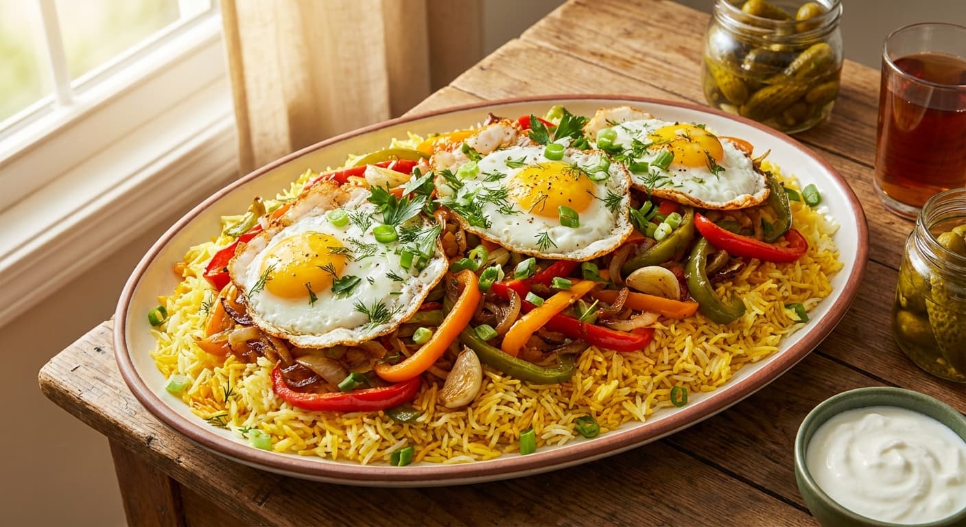 Felfel Polo ba Tokhm-e Morgh — Persian Pepper Rice with Fried Eggs - authentic persian recipe