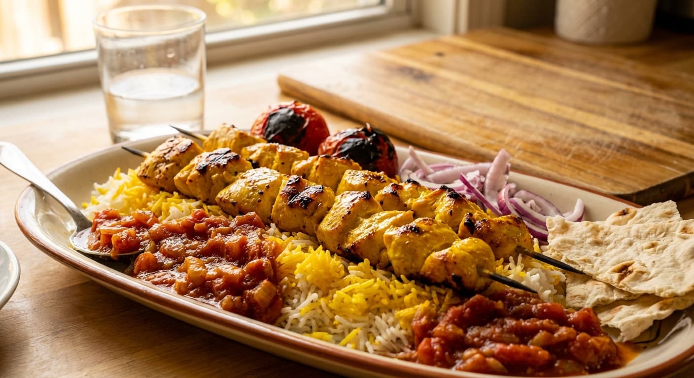 Jujeh Kabab — Persian Saffron-Yogurt Chicken Kebab with Rustic Tomato Sauce - authentic persian recipe