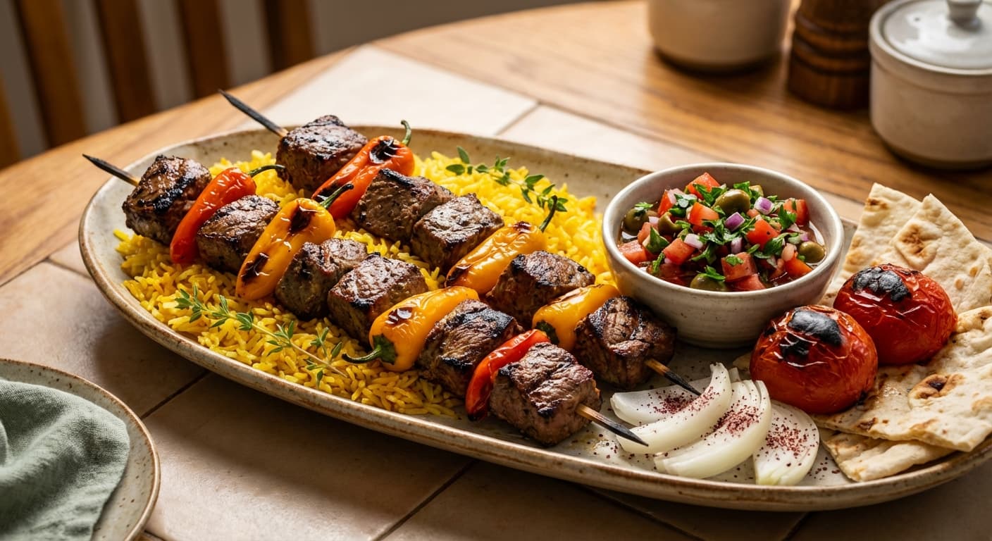 Kabab-e Shotormorgh — Persian Grilled Ostrich Kebabs with Tomato–Olive Salsa - authentic persian recipe