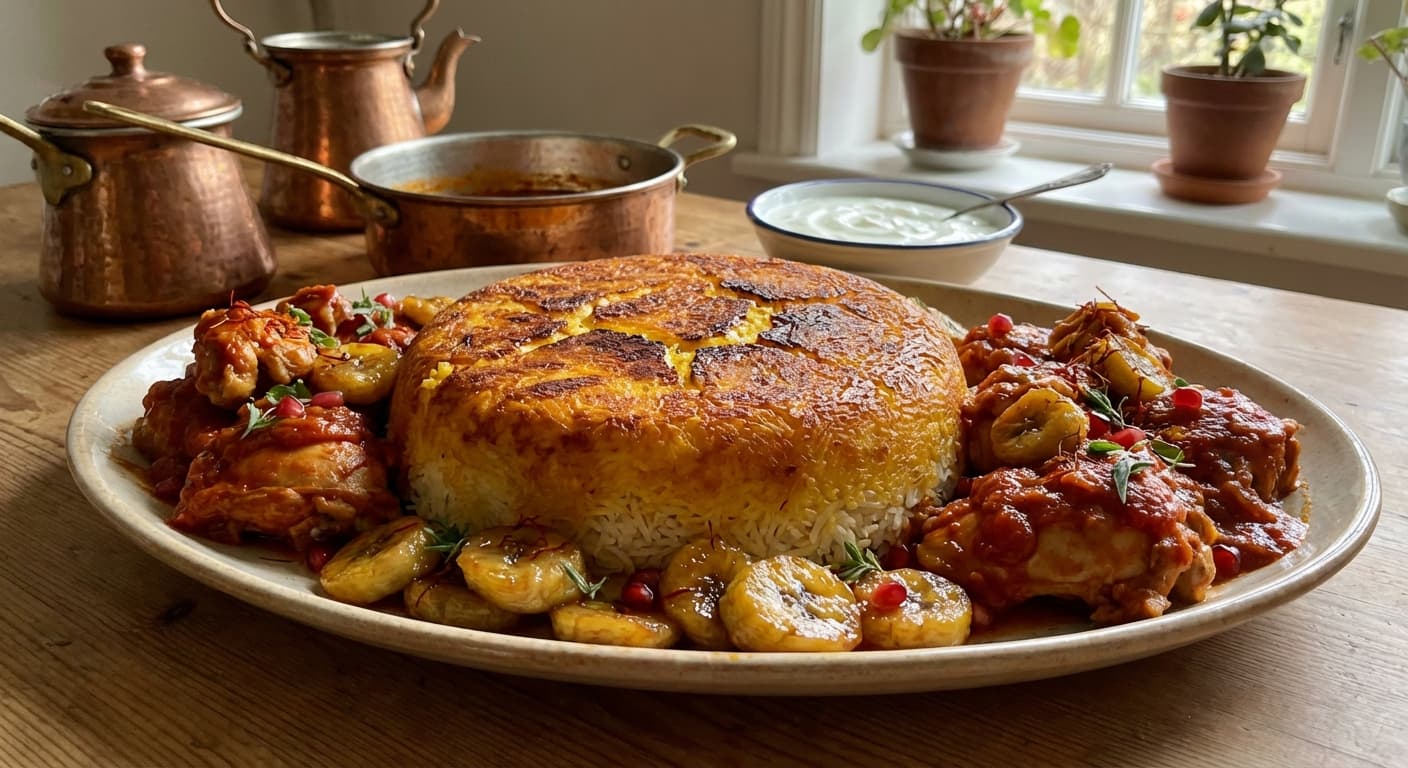 Kateh Ghalebi ba Morgh — Molded Persian Rice with Chicken and Bananas - authentic persian recipe