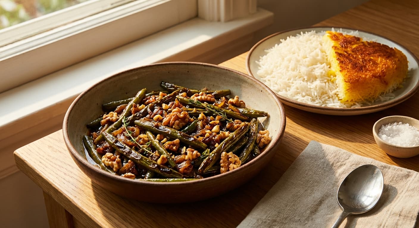 Kharka-e Loobia Sabz ba Gerdu — Persian Roasted Green Bean Stew with Walnuts - authentic persian recipe