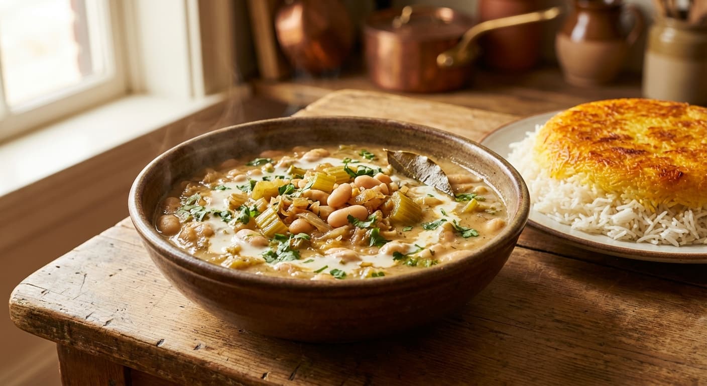 Khorak Loobiya Safid va Karafs — Creamy White Bean and Celery Stew - authentic persian recipe