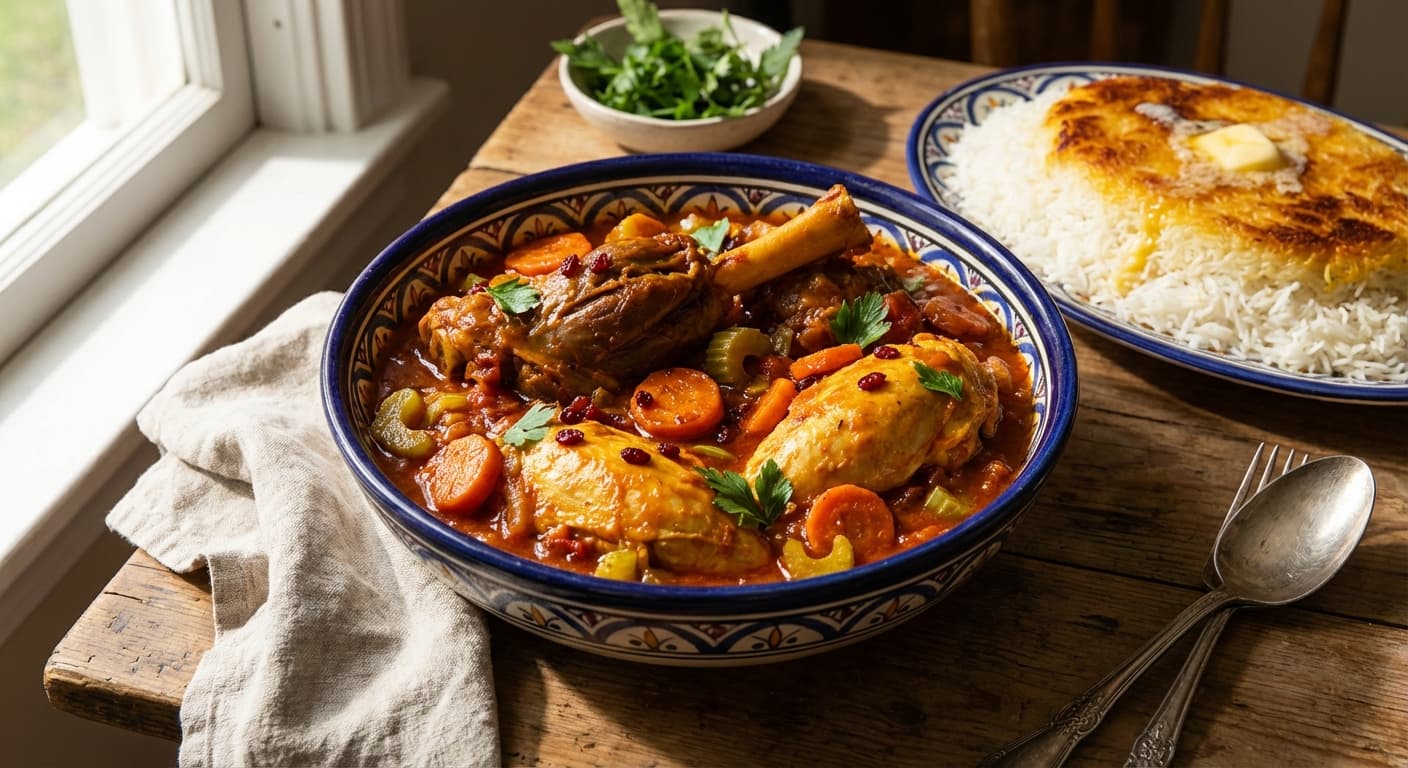 Khorak Mahicheh va Morgh — Persian Saffron-Infused Lamb and Chicken Stew - authentic persian recipe